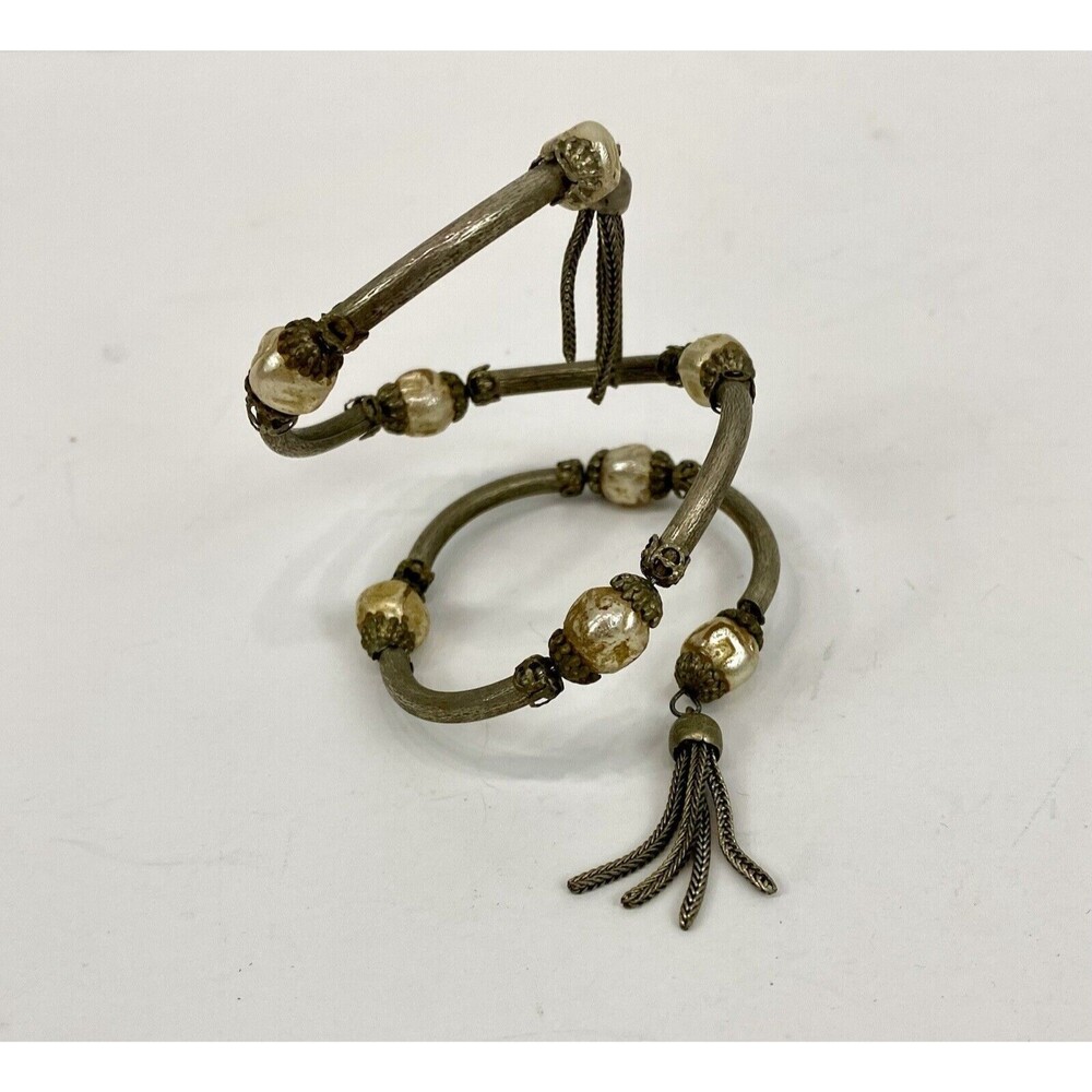 Vtg MIRIAM HASKELL Baroque Pearl Beaded Gold Pl Tassels Fringe Wire Bracelet